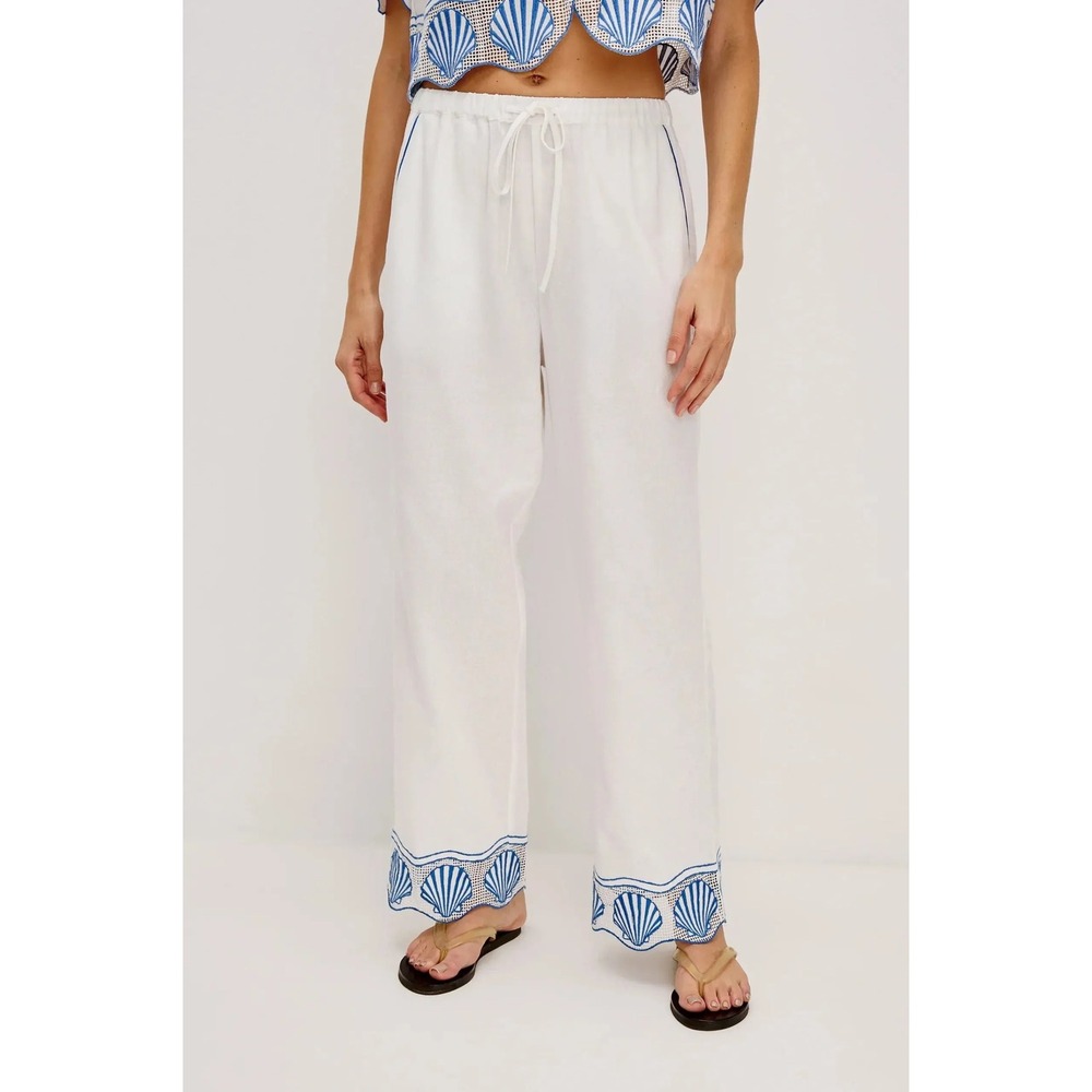 Rails Tildi White Coastal Shell Embroidered Linen Blend Beach Nautical Pants